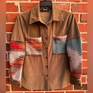 Blue B Collection Womens Small Brown Corduroy Western Aztec Button Up Shacket G3